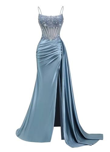 Beaded Satin Prom Dresses Long Mermaid Evening Dresses Lace Applique Corset Formal Party Gown with...