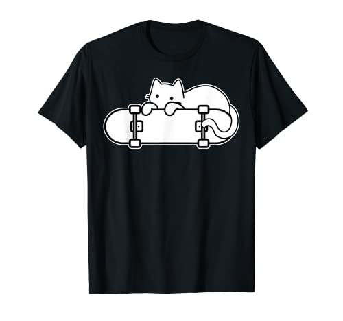 Cat and Skateboard Skateboarding Shy Cat contorno Camiseta