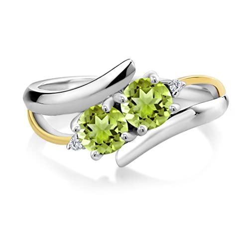 Gem Stone King 925 Sterling Silver and 10K Yellow Gold Green Peridot and White Lab Grown Diamond 2 Stone Crossover Women Ring (1.12 Cttw, Gemstone Birthstone, Available In Size 5, 6, 7, 8, 9)2