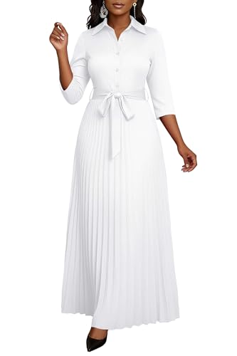 Image of Runwind Maxi Dresses for Women, 3 /4 Sleeve Botton Down Pleated Long Dress with Belt Casual Church Dress with Pockets