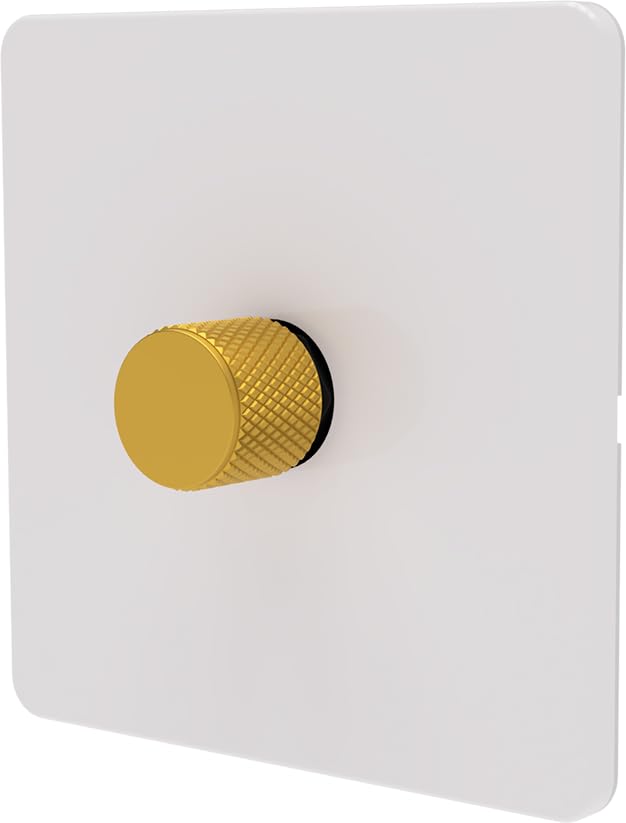 LED Dimmer Switch [Metal Knob/Plastic faceplate] 2-way Rotary Push On/Off for Dimmable LED and Halogen Lights, minimum brightness adjustable - White/Gold 1-Gang — image 1