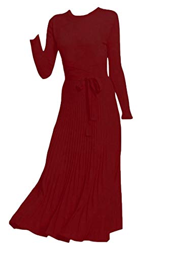 Image of Women's Long Knit Crewneck Sweater Dress Tie Waist A-Line Swing Pleated Bodycon