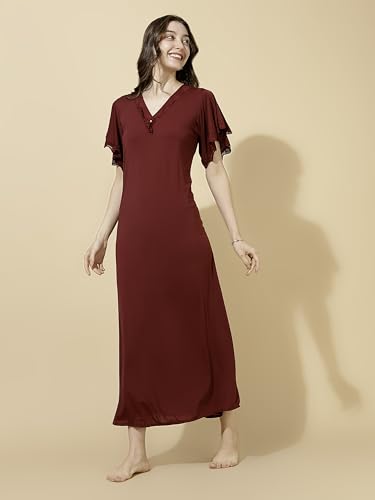 Image of 9shines Label Stylish Soft Modal Maxi Nighty | Honeymoon Nighty | Full Length Trendy Nightgown | V-Neck Lace | Premium Nightdress | Soft Long Nightdress | Maxi Gown Nightwear for Women (Malai Satin)
