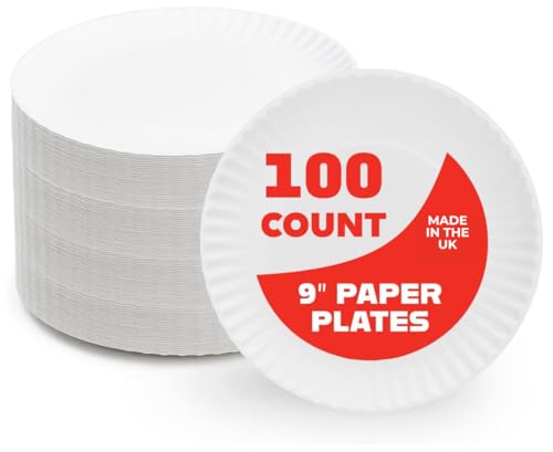 Ask Packaging 100 Paper Plates 23cm - 9 inch Disposable White Paper Plates – 100% Natural & Recyclable for Hot & Cold Use - Perfect for Everyday Use, Birthday, Picnic, Anniversary, Parties, Christmas