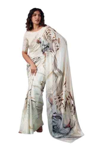 Image of Designer White Silk Crepe Saree with Digital Print Tiger Pattern, 6.30 Meter Length, With Blouse Piece