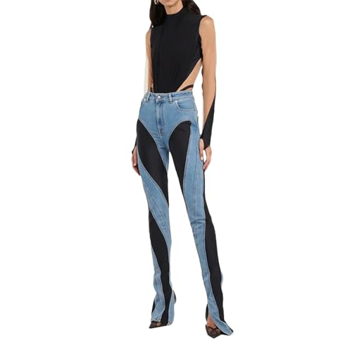 Women's Stylish Slim Jeans High Waist Two-Tone Patchwork Jeans Suitable for All Seasons