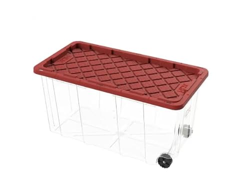77-Gallon Tough Storage Tote with Wheels in Clear and Red FO60612