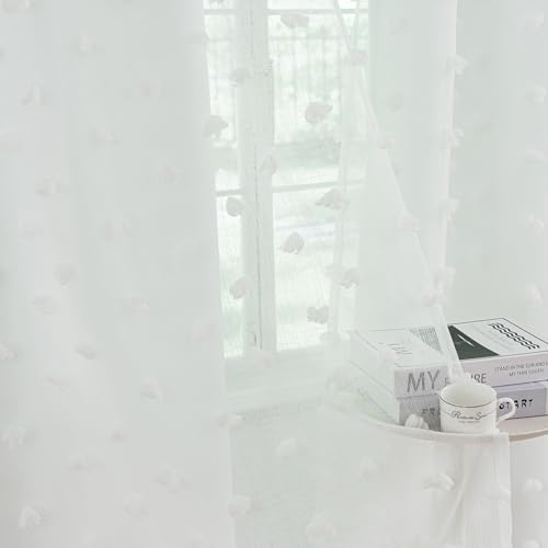Image of Boho Pom Pom Nursery Light Block Curtains White 52x54 in | Blackout Double Layer Curtains with Pom Pom Semi-Sheer Overlay, Grommet Privacy Drapes for Toddler Bedroom Decor, 2 Panels