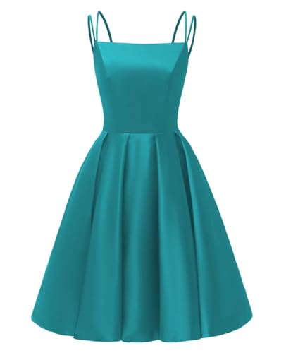 Image of Tianzhihe Satin Homecoming Dresses for Teens 2026 Spaghetti Straps A-line Square Neck Short Cocktail Party Dress with Pockets
