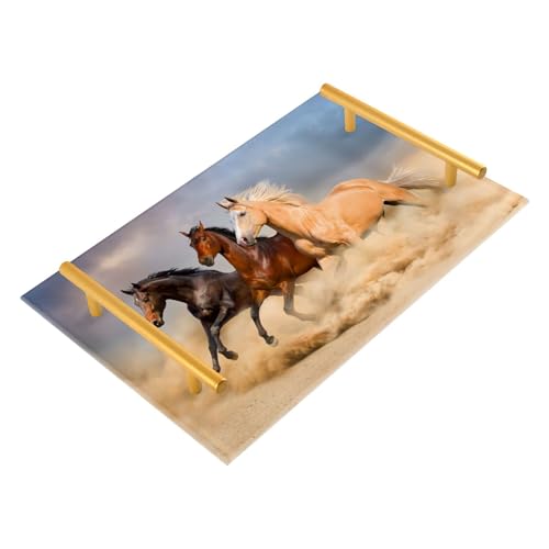 Bathroom Vanity Tray Counter Organizer, Three Horses Running Decorative Tray with Handles Countertop Storage for Bathroom Bedroom Kitchen Home Farmhouse