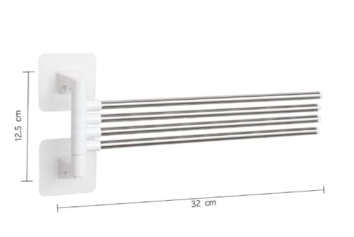 Image of Wall Mounted Adhesive Multi Bar Towel Holder Rack with Rotating Stainless Steel Rods and Side Hook for Bathroom Kitchen Use on Smooth Flat Surfaces (Towel Rack 001)
