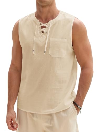 Lonya Men's Vests Tops Summer Cotton Beach Tank Top Sleeveless Tshirt for Casual Home Holiday Travel Khaki,S