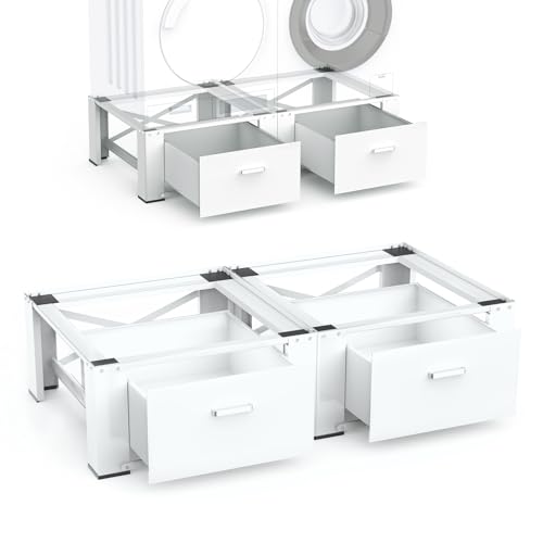 Image of SKM Washer and Dryer Pedestal with Drawer, Laundry Pedestal for Washer and Dryer Stand, Heavy Duty Steel Washing Machine Stand Height Raiser (2, white, 28 inch W x 29 inch D x 14 inch H)