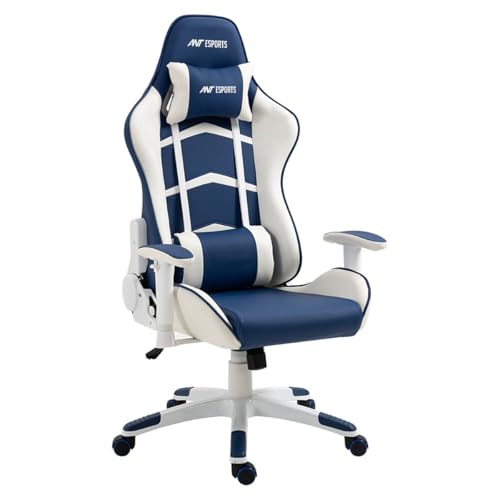 Image of Ant Esports 9077 Ergonomic Gaming Chair, Multifunctional Gaming Chair with Premium PU Leather Upholstery, 2D Armrest, Integrated Neck and Lumbar Support, & 180 Recline - White & Blue