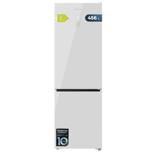 Cecotec Frigorífico Combi Total No Frost Bolero CoolMarket Combi 456 White Glass C, 456 L, Alto 201 cm y 59,5 cm Ancho, MAX INSIDE con VIP tech, Compresor Inverter Plus, Botellero y Bandejas Cristal