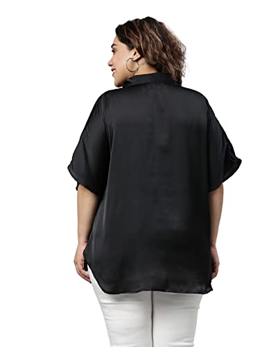 Image of The Pink Moon Women's Regular Fit Plus Size Black Satin Kaftan Top - (SHR TIM10W Black)