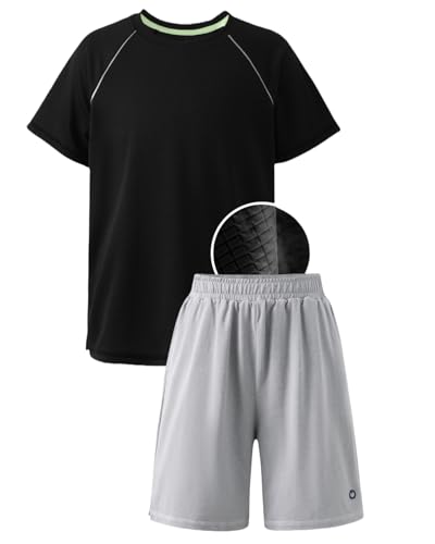 PATPAT Boys 2-Piece Athletic Set, Ultra Lightweight Quick-Dry T-Shirt & Shorts with Air-Grid Tech, Moisture-Wicking Sports Uniform for Kids Youth, Vapor Gray, US10/M