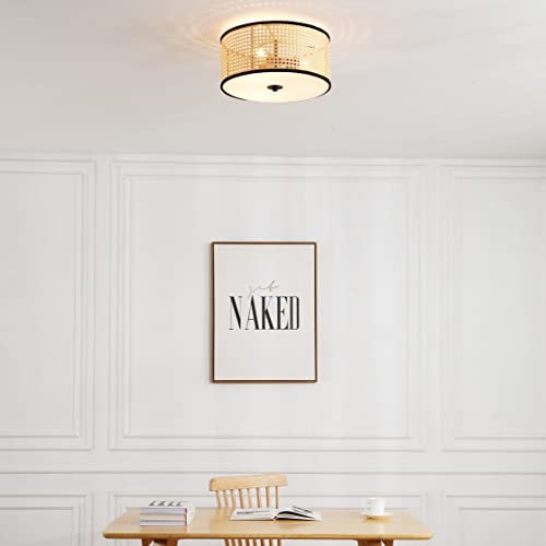 Vidalite Nakuv - Modern Bohemian 3 Light Flush Mount Fixture With Pvc Rattan Shade And Velvet Stiched Rim For Foyer, Kitchen Living Room, Bedroom #TOP3