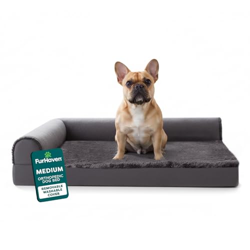 Furhaven Orthopedic Dog Bed for Medium/Small Dogs w/Removable Bolsters & Washable Cover, For Dogs Up to 35 lbs - Plush & Velvet L Shaped Chaise - Platinum Gray, Medium