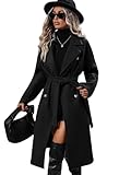 utcoco Womens Long Wool Pea Coat Notched Lapel Double Breasted Trench Coat Winter Warm Overcoat with Belt (Medium, Black)