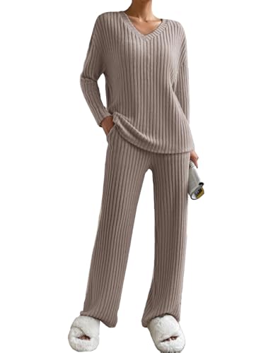 JENJON Donna Completo Tuta 2 Pezzi Completo a Maniche Lunghe Maglia Comode Pantaloni Dritti con Scollo a V Tuta Autunno Inverno