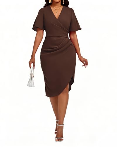Image of Women's Wrap V Neck Asymmetrical Hem Midi Ruched Cocktail Evening Dress | Back Zipper, Regular Fit, Club Night, Semi Office Formal, Wedding Dinner Date, Flutter Short Sleeve, High Low Irregular Hem