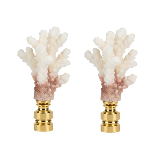 Image of Royal Designs, Inc. Sea Life Lamp Finial, Medium Coral, Two-Tone White, Polished Brass Base, Replacement Finial for Table or Floor Lamps, Set of 2