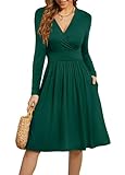 WEACZZY Women's Long Sleeve Casual Fall Dresses V-Neck Swing Holiday Holiday Wrap Formal Dress with Pockets 2025,Dark Green,M