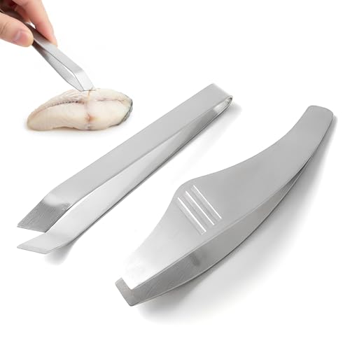 2 pinzette a spina di pesce, in acciaio inox, color argento, pinzetta piatta e obliqua, pinzetta da cucina, pinzetta per sbavature, per cucina, sala da pranzo, pesce, anatra, maiale