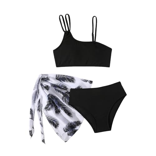 Trajes de baño para niñas, lindos trajes de baño de 3 piezas, conjunto de bikini con pareo, trajes de baño de verano, playa, trajes de baño de vacaciones, trajes de baño para niñas, Negro, 12-13 años