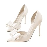 Womens Bow Heels Closed Pointed Toe Dress Shoes Stiletto Slip on Wedding Pumps White