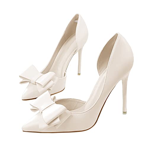 Womens Bow Heels Closed Pointed Toe Dress Shoes Stiletto Slip on Wedding Pumps White