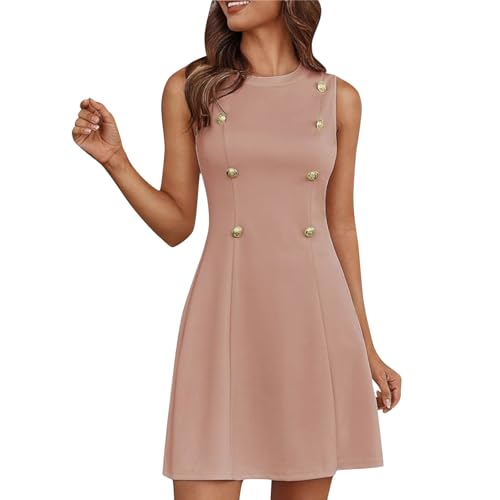 Women Vintage Tank Mini Dress 2025 Elegant Sleeveless Button Decor Business A Line Dresses Summer Formal Outfits(Pink,Large)