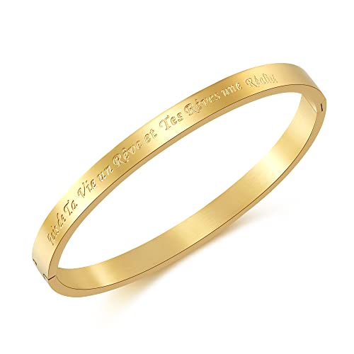 RWQIAN Femme Fin Bracelet Message Acier Inoxydable avec Phrase Inspirante Bracelet Jonc 4mm Or