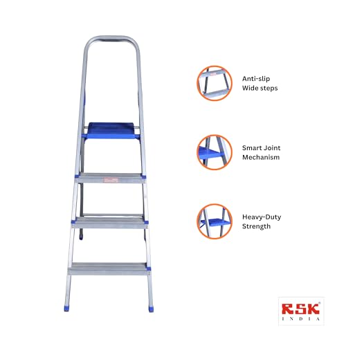 Image of Aluminium Foldable 4 Step Ladder | Firm Grip | 4 Steps (Aluminium Steps, Blue & Satin)