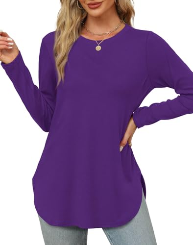 Image of XIEERDUO Womens Long Sleeve Round Neck Shirts Side Split Basic Loose Tunic Tops Casual 2026