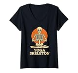 donna yoga scheletro meditazione maglietta con collo a v
