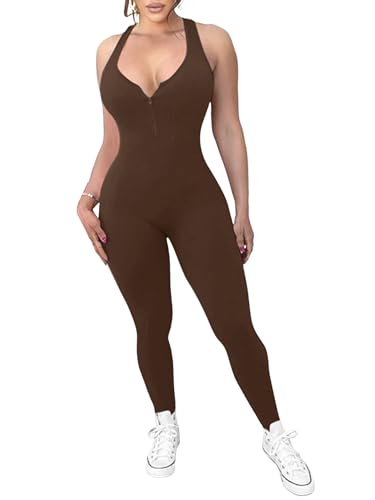 Surakey Women’s Bodysuit Street Style Solid Color Jumpsuit Zipper Highlight for Summer Fashion, Type 4
