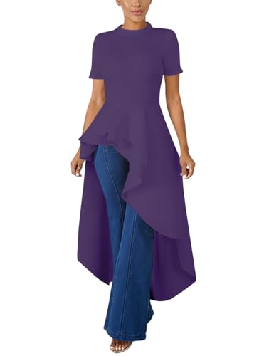 Image of Lrady Womens Casual Shirt Dress High Low Irregular Ruffle Hem Blouse Asymmetrical Peplum Long Tunic Tops