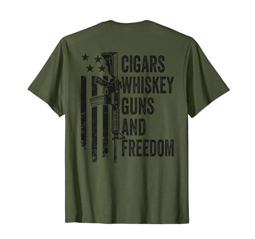 Cigars Whiskey Guns & Freedom - Camo Gun Drinking- ON BACK T-Shirt