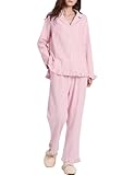 Rousytn Womens Cotton Pajama Sets Long Sleeve Button Down Striped 2 Piece Pjs Ruffle Sleepwear with Long Pants Lounge Set(Pink-M)
