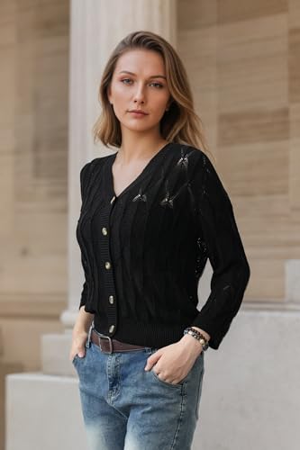 Image of Women's 2025 Crochet Sweater Cardigan 3 /4 Sleeve Lightweight Summer Knit Sweater | Open Front Boho Shrug Top | Beach Cover-Up & Office Wear | Machine Washable 21-Black-XL