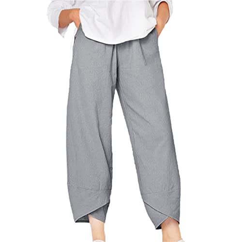 Maiyifu-GJ Women's Cotton Linen Loose Pants Summer Casual Baggy Lounge Pants Elastic Waist Lightweight Wide Leg Trousers (Grey 3,Large)