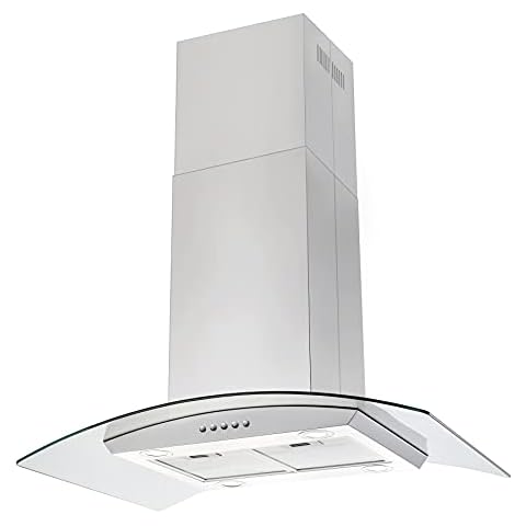 JOEAONZ Island Range Hood 36 inch 700 CFM, Ceiling Mount Kitchen Vent Hood Ducted/Ductless Convertible, 4 LED Lights 5-Layer Filters Extractor Stove Exhaust Fan, Curved Tempered Glass Stainless Steel Cover