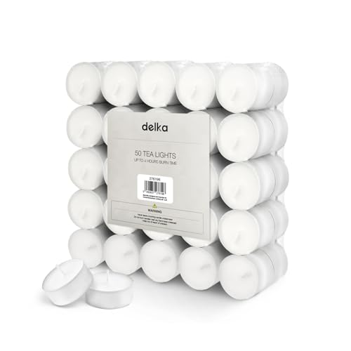 delka Unscented Tea Lights White-Long-Lasting 4 Hour Burn Time-Smoke-Free Bright Flame-Ideal for Weddings, Events, Aromatherapy, Home Décor, and Emergency Use-Premium Quality (White, 50 Pack)