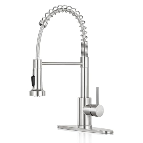 KHQF Kitchen Faucet with Pull Down Sprayer,Commercial Single Handle Stainless Steel Kitchen Faucets with Deck Plate (Brush Nickel)