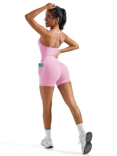 OMKAGI 2 Piece Workout Sets for Women Padded Sports Bra Tank Booty Gym Shorts with Pockets2