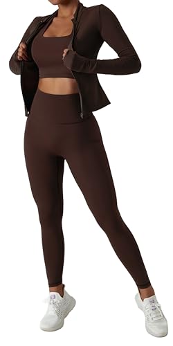 Belriviere Zweiteiliges Damen-Trainingsanzug-Set, langärmelig, Reißverschlussjacke mit sportlicher Leggings mit hoher Taille, Workout-Set, braun, S