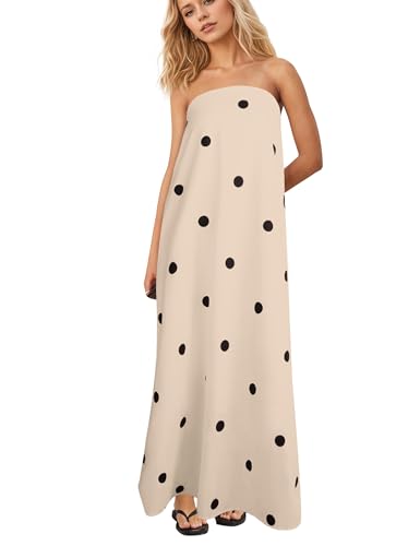 Women Polka Dot Strapless Maxi Dress Summer Flowy A Line Ruffle B...