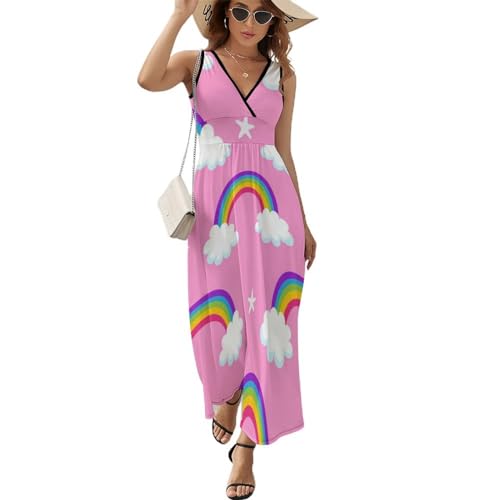 Robe maxi col V décontracté arc-en-ciel pour femme : la tenue de plage d'été sans manches